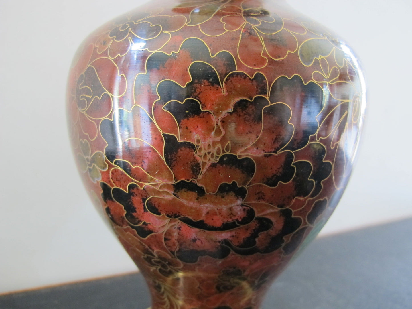 Vase Large Cloisonne Autumnal Fall Camellias Flowers Colors 1960s Chinese with Paperwork
