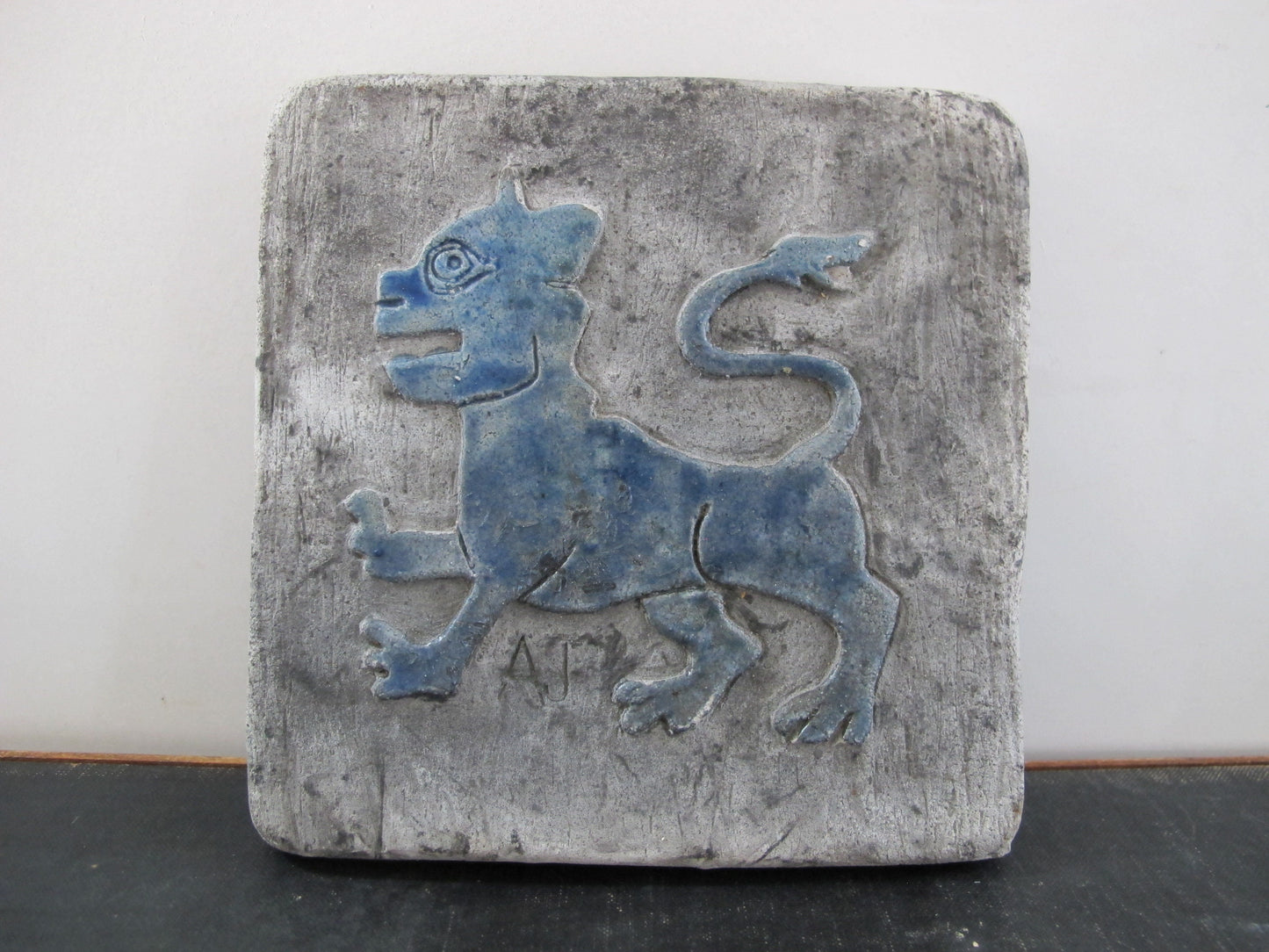 Trivet Griffin Arts and Crafts Pottery Tile Blue Grey 1920s 1930s