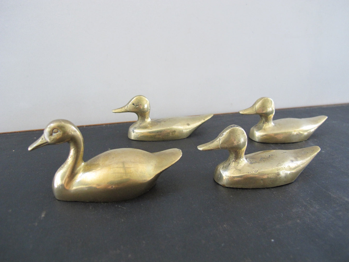 Ducks Geese Sculptures Flock of Four Solid Brass 1940s 1950s