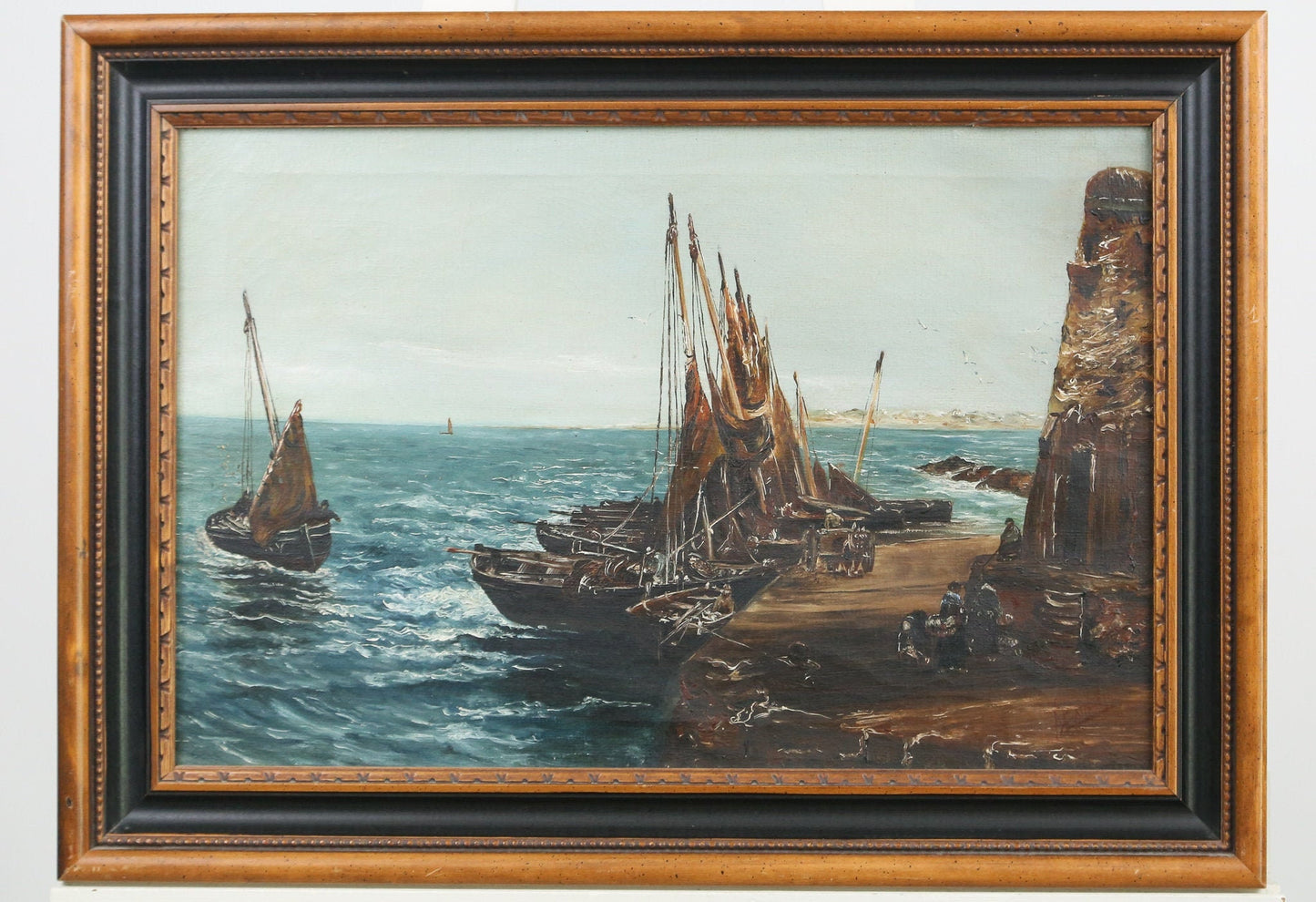 Painting Seascape Oil on Canvas Harbor Boats Signed A Bain 1911 Framed