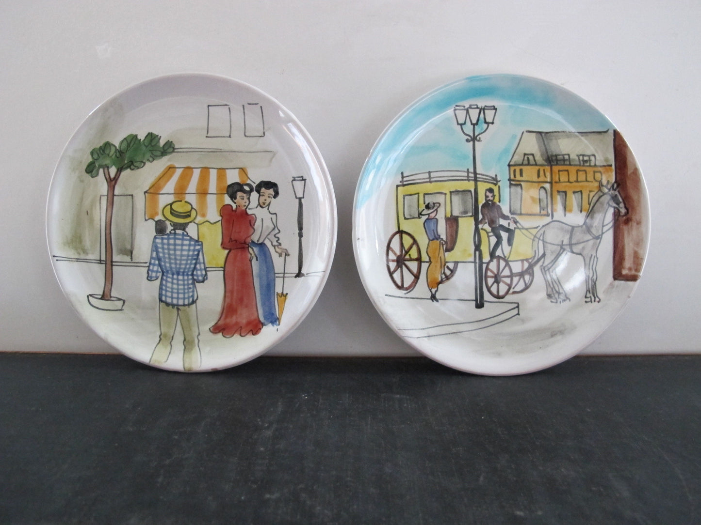 Plates Pair Italian Majolica Paris Street Scenes 1950s 1960s MCM Midcentury