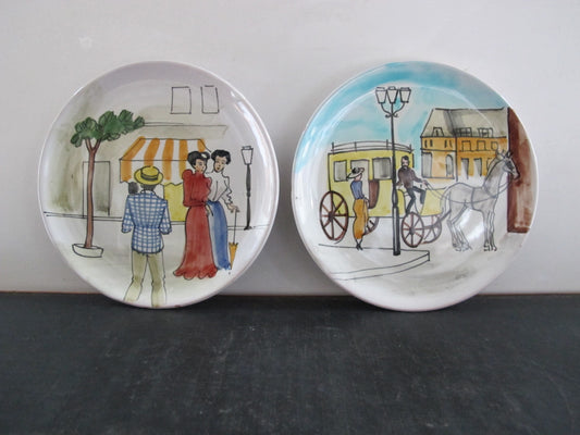 Plates Pair Italian Majolica Paris Street Scenes 1950s 1960s MCM Midcentury