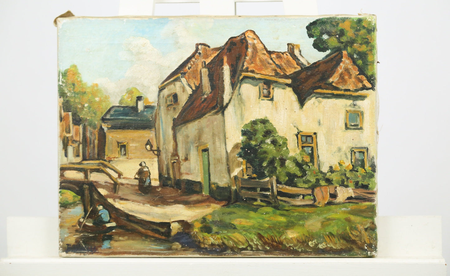 Painting Cityscape Oil Dutch Signed 1935 Village Scene