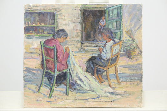 Painting Impressionist Figural Dorothy Whittington Signed Sussex England Greece Women Mending Alfresco