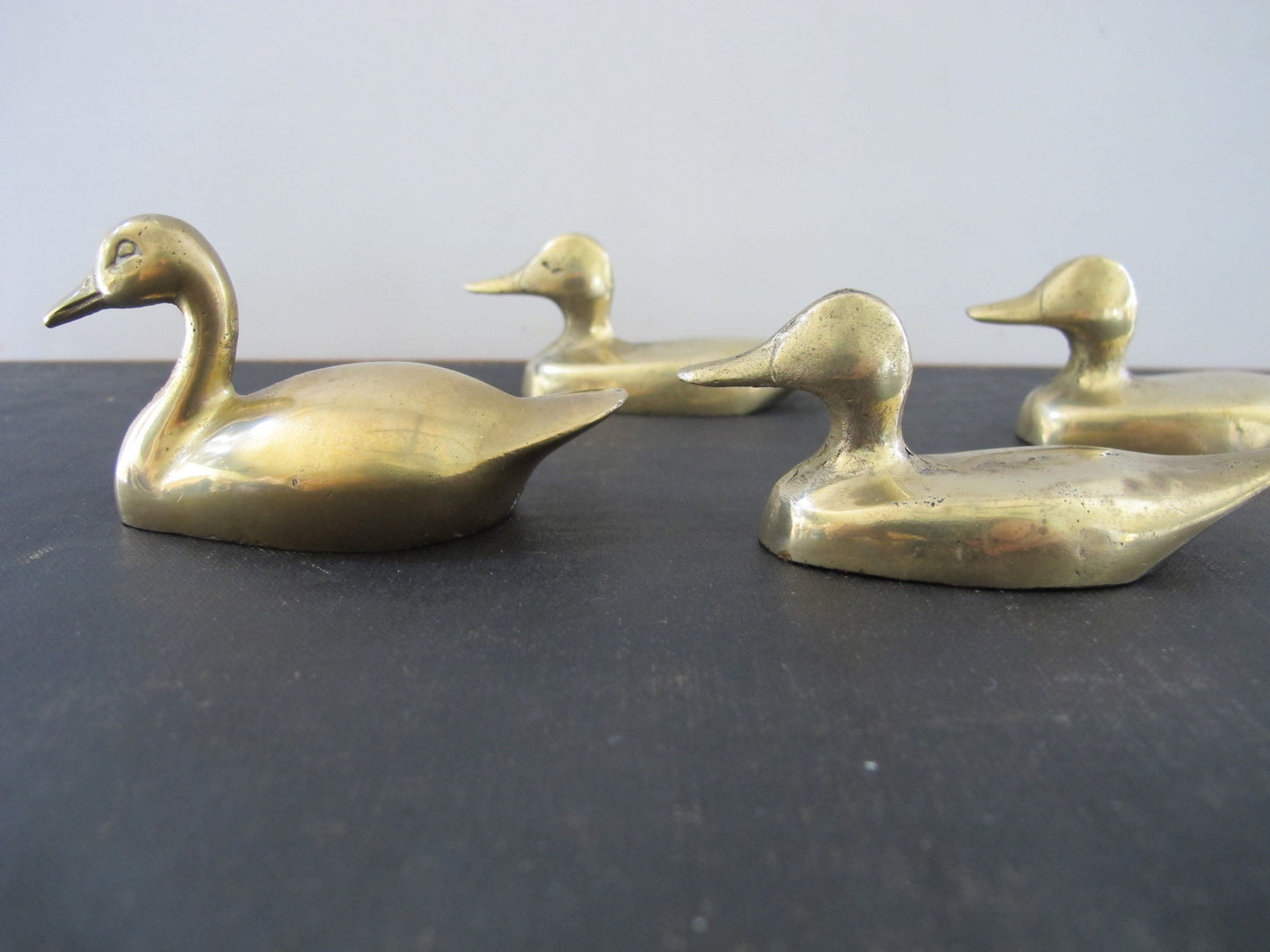 Ducks Geese Sculptures Flock of Four Solid Brass 1940s 1950s