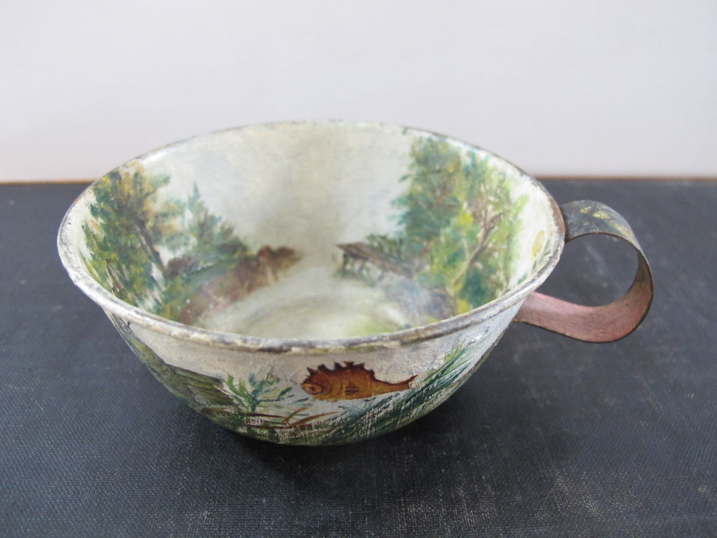 Tole Fishing Teacup Signed Dated 1890s Naive American Folk Art