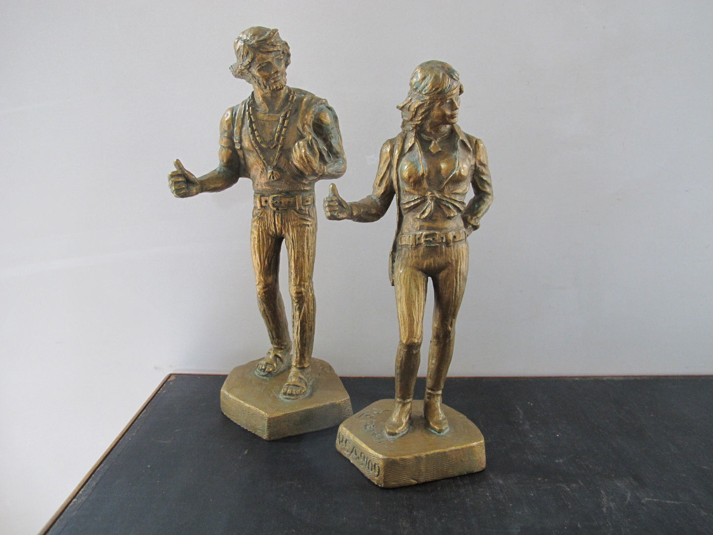 Sculptures Hitchikers Man and Woman Romanelli Jostens USA 9108 9109 Bronze Resin  1960s 1970s MCM Midcentury