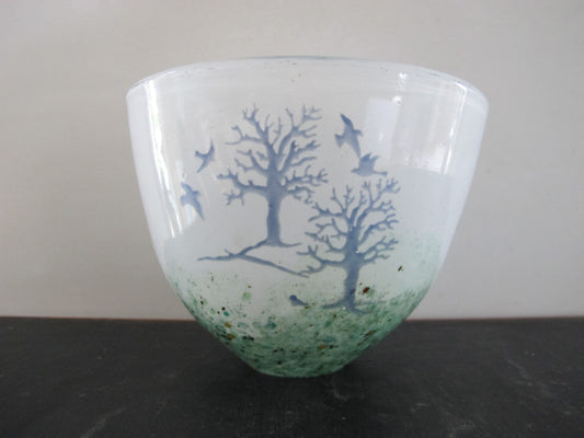 Vase Art Glass Forest and Birds Scene Mouth Blown 1970s 1980s