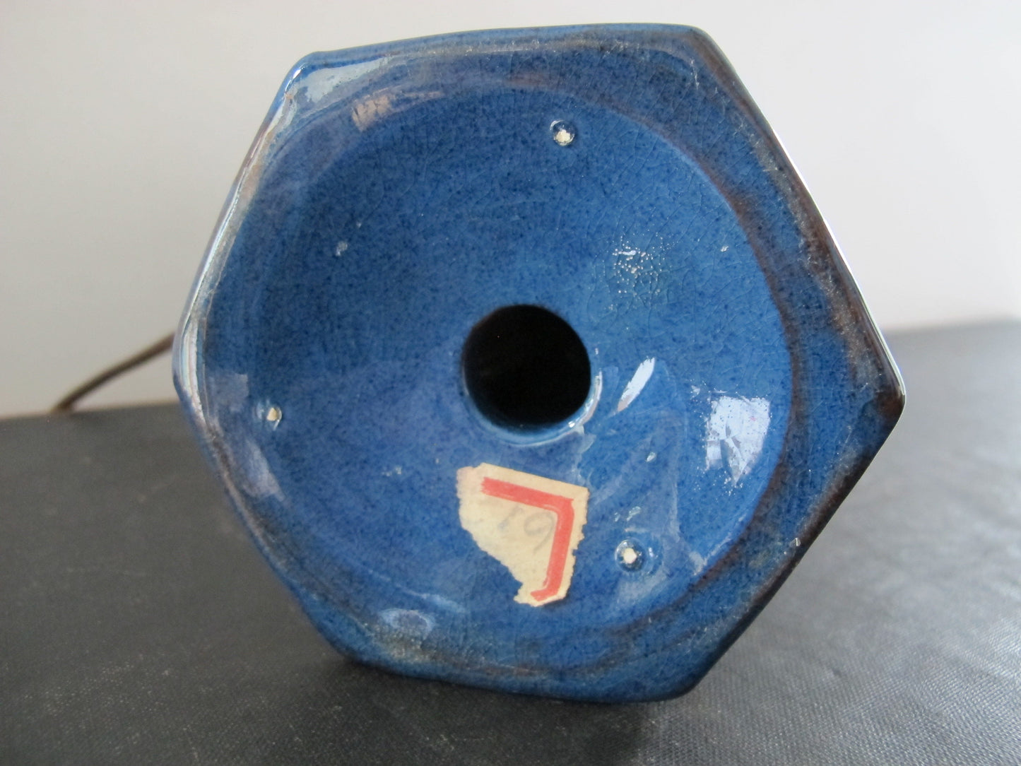 Lamp Arts and Crafts Edwardian Art Pottery Blue Urn Faceted 1910s 1920s Brass Socket