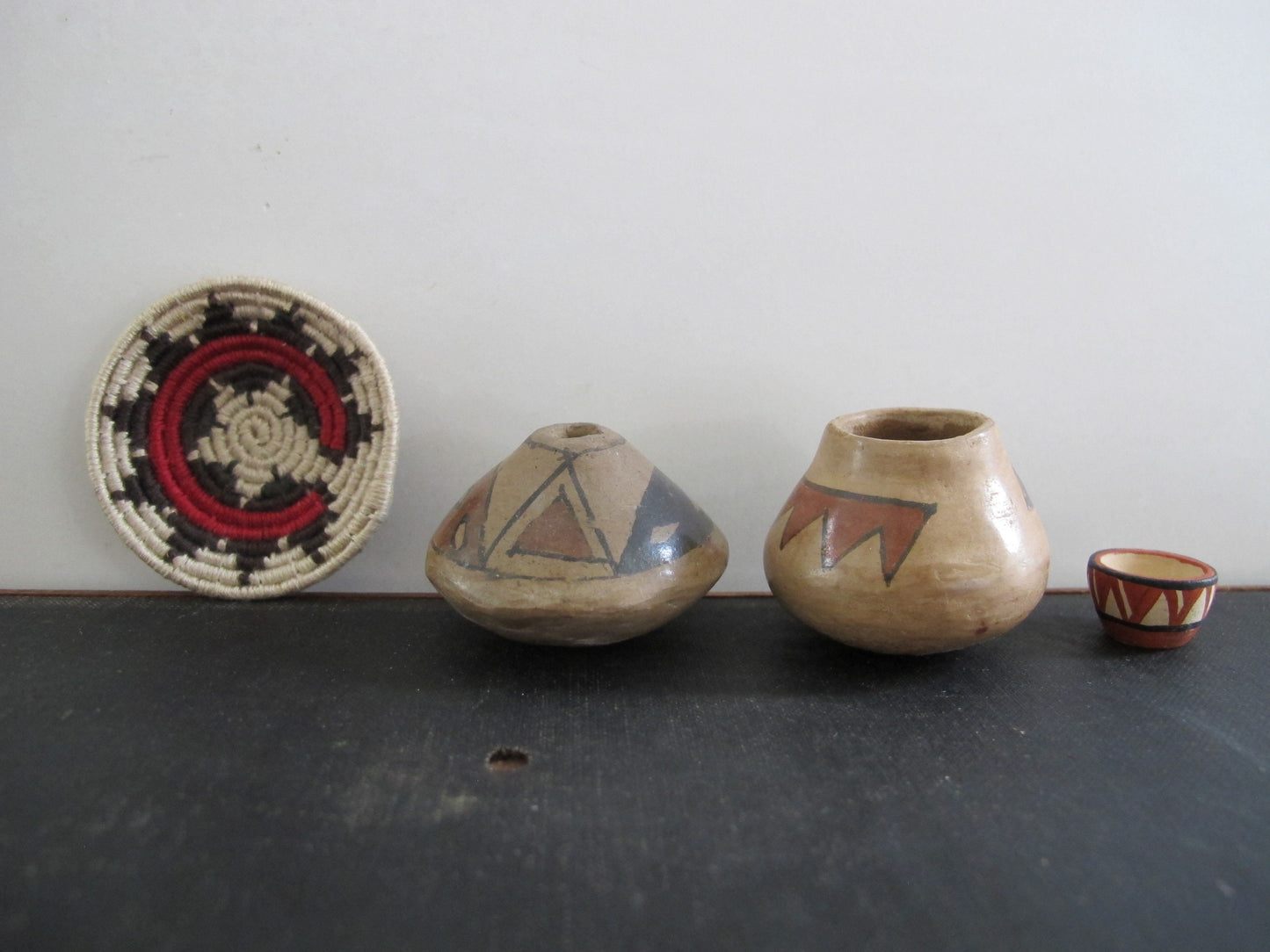 Miniature Native American Southwest Pottery and Basket Artist Signed Tere de Ortize Neno LO 1970s Four Pieces