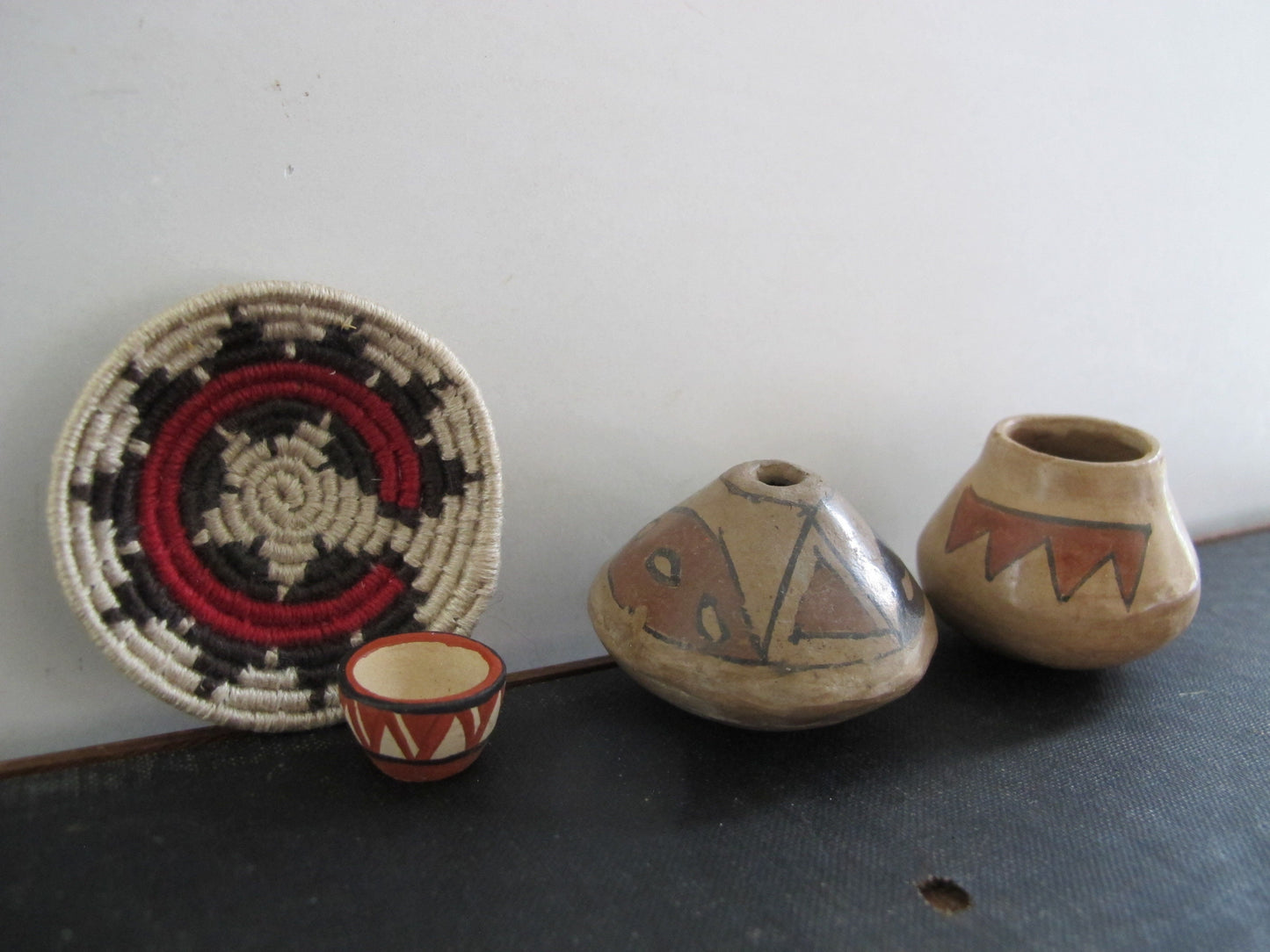 Miniature Native American Southwest Pottery and Basket Artist Signed Tere de Ortize Neno LO 1970s Four Pieces