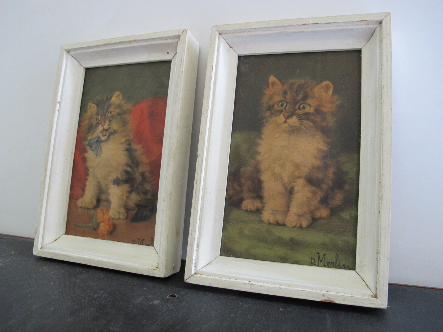Pair Framed Cat Prints 3D Dimensional Embossed 1930s 1940s