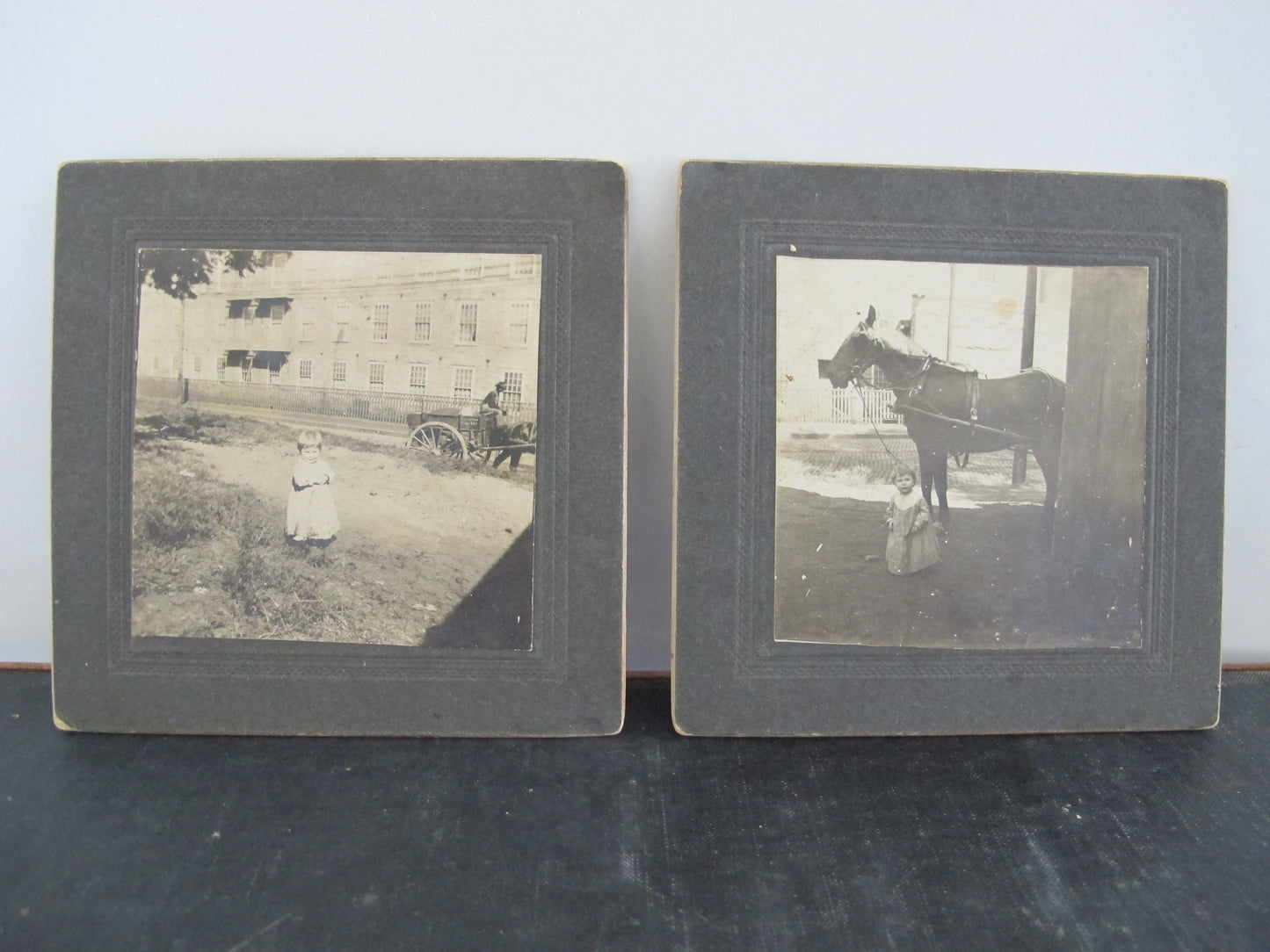 Victorian Photo Snapshot Pair Unposed Child Mill Factory Horse and Cart New Bedford Massachusetts 1890s 1900s