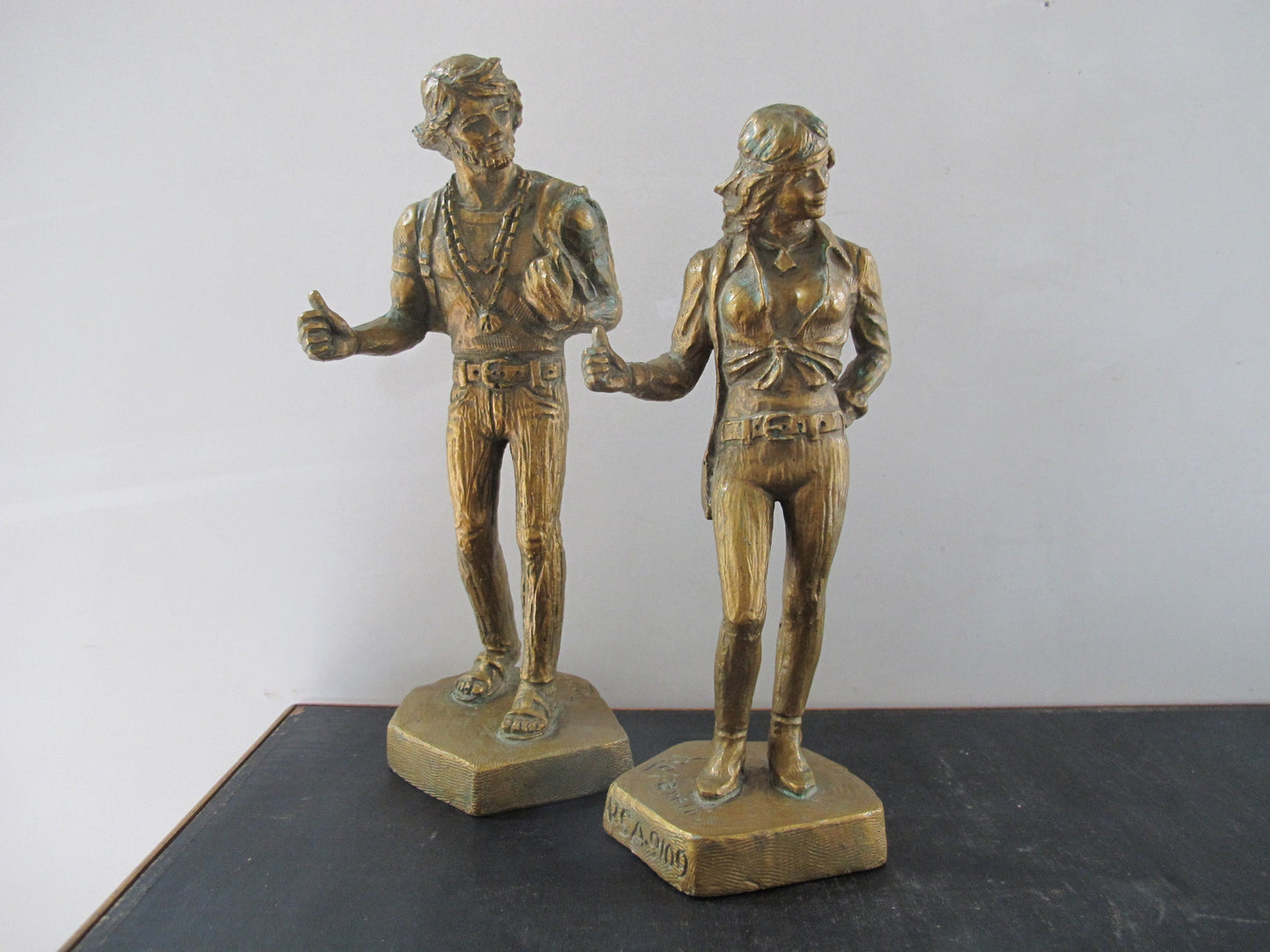 Sculptures Hitchikers Man and Woman Romanelli Jostens USA 9108 9109 Bronze Resin  1960s 1970s MCM Midcentury