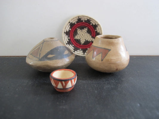 Miniature Native American Southwest Pottery and Basket Artist Signed Tere de Ortize Neno LO 1970s Four Pieces