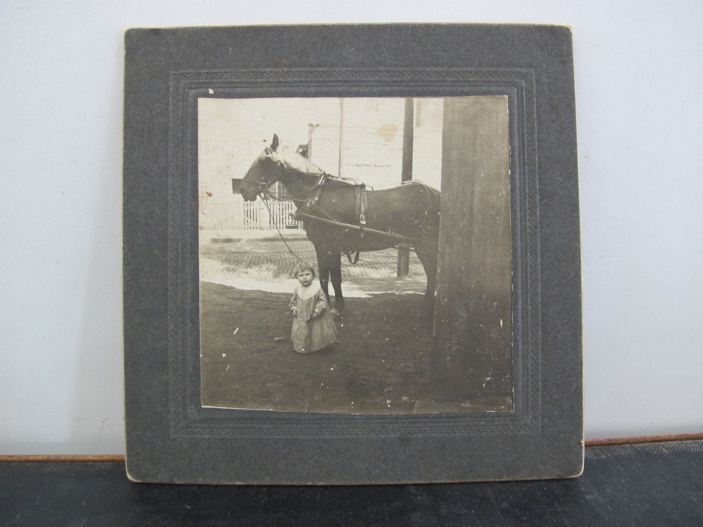 Victorian Photo Snapshot Pair Unposed Child Mill Factory Horse and Cart New Bedford Massachusetts 1890s 1900s