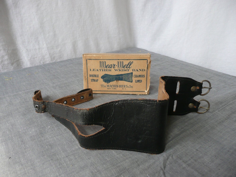 Leather Wrist Band Black Leather Chamois Lined Original Box Antique Industrial