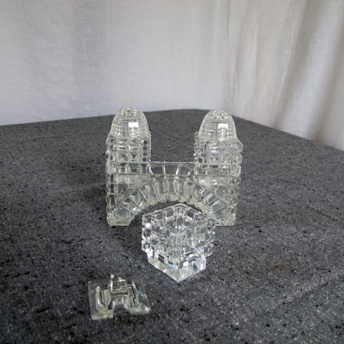 Crystal Salt and Pepper Shakers with Cruet Architectural Art Deco Cut in Bridge Form 1920s