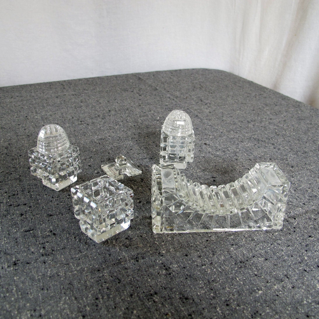 Crystal Salt and Pepper Shakers with Cruet Architectural Art Deco Cut in Bridge Form 1920s