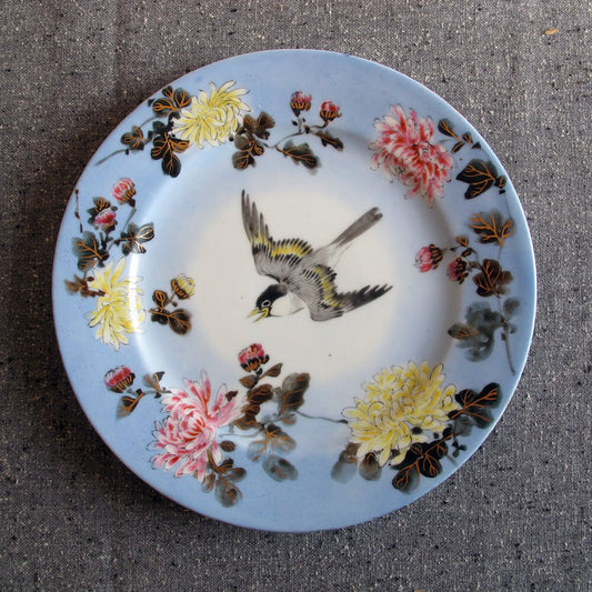 Plate Chinese Handpainted 1910s Bird Starling Pinfeathers in Flight Chrysanthemum Asian